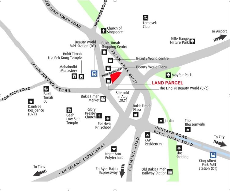 Eight at Bukit Timah (8@BT) Location Site Map showing some iconic landmarks such Ngee Ann Polytechnic, Beauty World Plaza, Beauty World Centre, Bukit Timah Shopping Centre, Bukit Timah Plaza and also connections to major highway or expressways such as the Pan Island Expressway (PIE) and Ayer Rajah Expressway (AYE). 