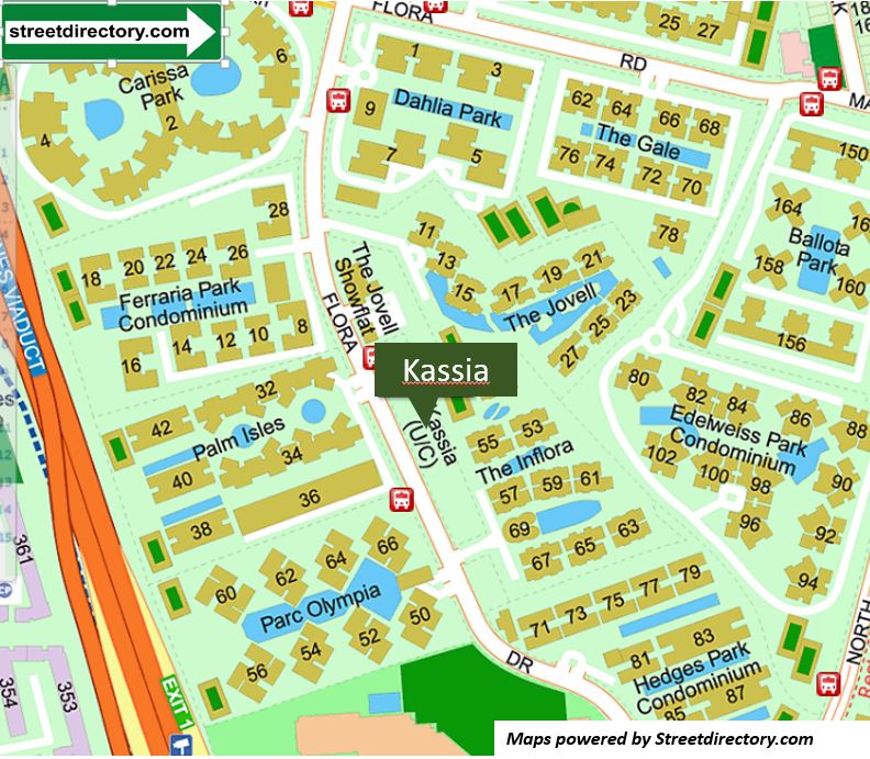 freehold Kassia condo actual site, location map courtesy of streetdirectory.com. The last plot at Flora Drive starting with (a) Avila Gardens which TOP in 1995, almost 30 yrs ago! The others include (b) Azalea (999 leasehold from Oct 1885) that TOP in 1996. (c) Estella Gardens (TOP 1999). (d) Ballota Park (TOP 2000). (e) Carissa Park (TOP 2003). (f) Dahlia Park (TOP 2004). (g) Edelweiss Park (TOP 2006). (h) Ferraria Park (TOP 2010) and the newest being (i) The Gale (TOP 2014). Then there's Inflora and Jovell.