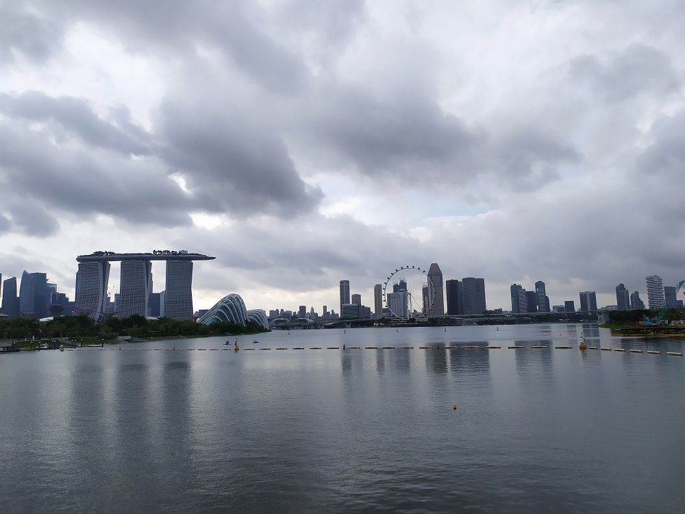 Singapore Marina Barrage, backdrop of Marina Bay Sands (MBS) Central Business District (CBD) of Singapore