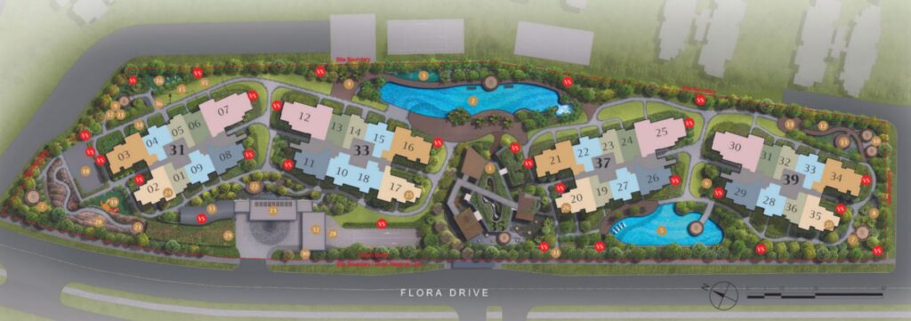 Site Plan of Kassia - A freehold condo located at Flora Drive Singapore near Changi Airport. 