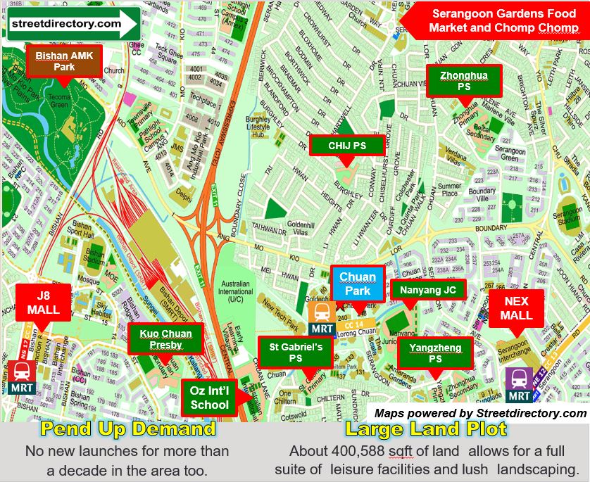 Location Map around Chuan Park with landmarks such as schools, mrt stations, shopping malls and eateries.