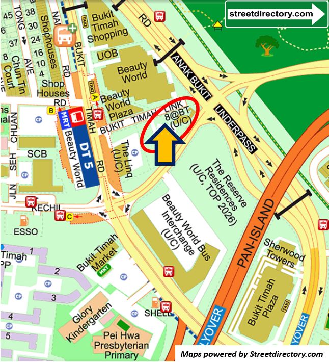 Street Directory Map giving the exact location of the new condo launch at Bukit Timah Link. Located just beside Beauty World Centre within 50m of MRT Station.