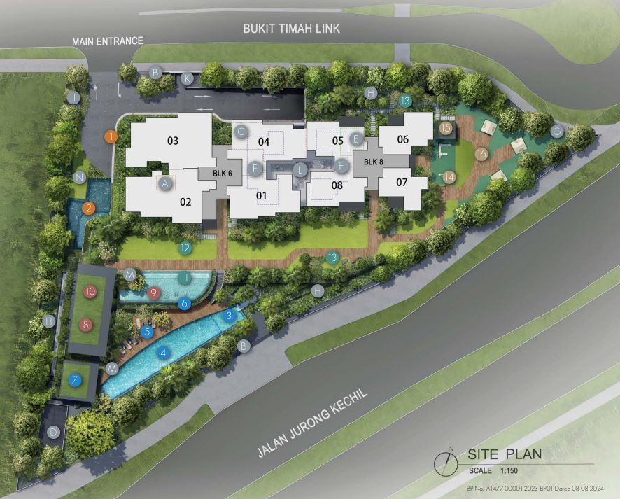  Site Plan, showing the unit type and orientation or facings. Also included are the facilities such as swimming pool, fitness pool, gym, camping site, bbq, sun deck , cr park and so on.