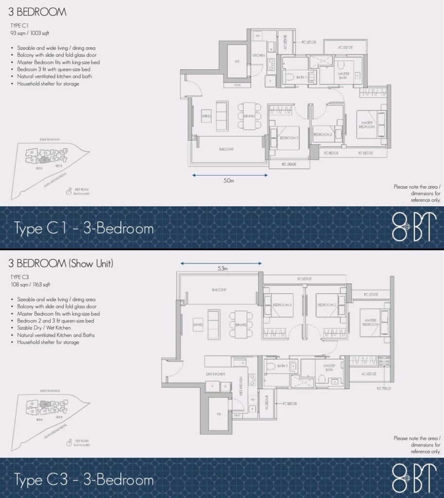 3 bedroom type C1 at 1101 sqf Stack 1 & type C3 at 1163 sqf  Stack 4