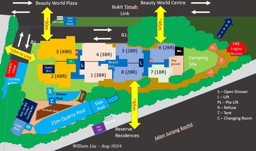 a colorful 8@BT or Eight at Bukit Timah Condo Site Plan, showing the unit type and orientation or facings. Also included are the facilities such as swimming pool, fitness pool, gym, camping site, bbq, sun deck , cr park and so on.