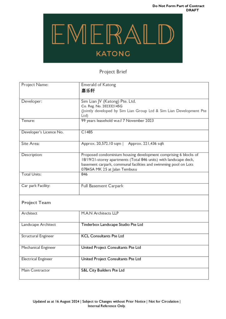 Factsheet for new condo launch, giving estimated plot size, number of towers, units, basement carpark and details of Architect, engineers and Main contractor