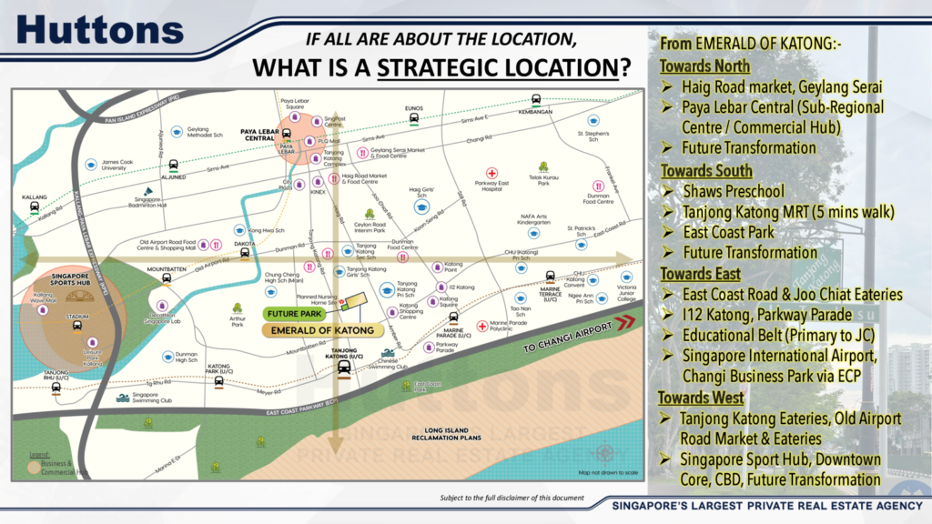 Strategic location of EOK or Emerald of Katong. Connected by a vast network of amenities, schools (local & international), sub Regional Hub at Paya Lebar, Expressways in PIE, KPE & ECP, and Shopping Malls & Eateries.