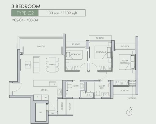 3 Bedroom unit Type C2 1109 sq stack 4.