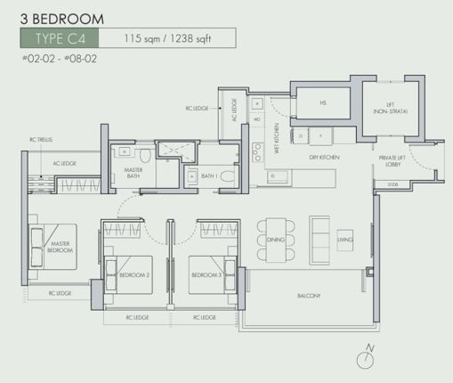 3 bedroom unit type C4 1238 sqf with private lift stack 2.