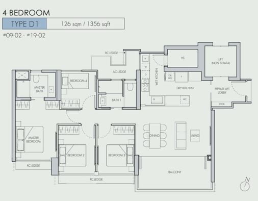 4 bedroom unit type D1 1356 sqf with private lift