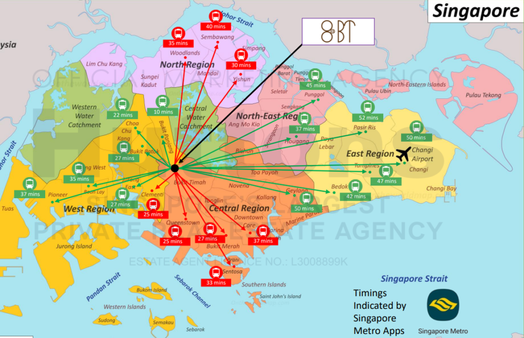 Estimated Traveling Time by MRT in Singapore from Beauty World MRT station. For example, it takes just estimated 37 mins to reach Downtown Core, 33 mins to Sentosa, and 50 mins to Changi Airport.