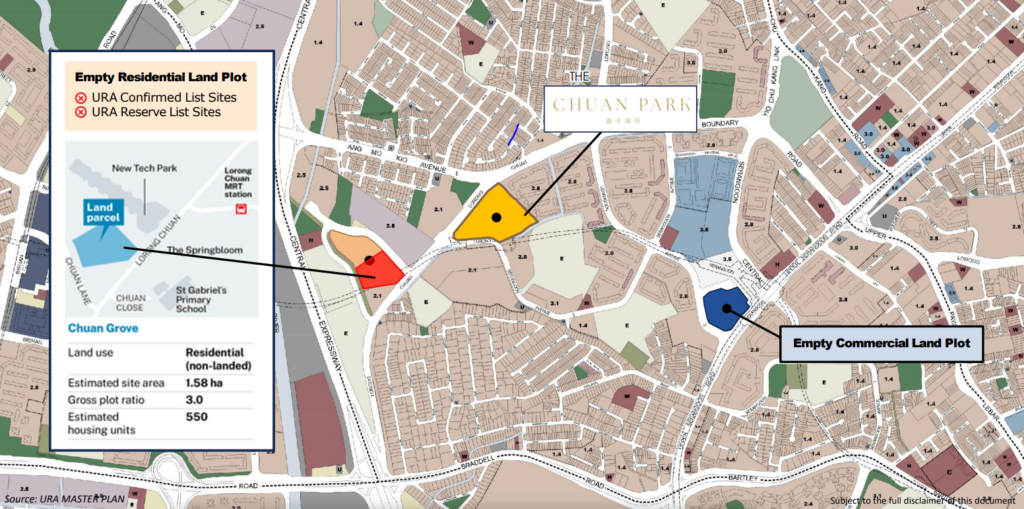 URA Map showing the government land sale (GLS) plot opposite Chuan Park that will yield up to 550 residential units.